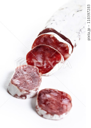 Fuet.Dry cured fuet sausage, isolated on white background. 118397283