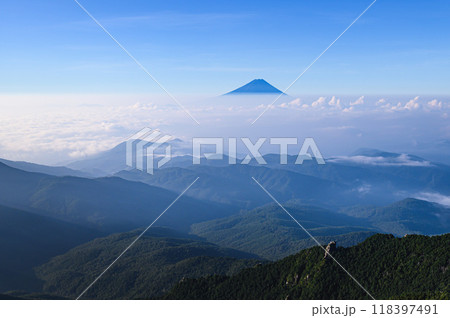金峰山より望む早朝の富士山と雲海の絶景 金峰山より望む早朝の富士山と雲海の絶景 118397491