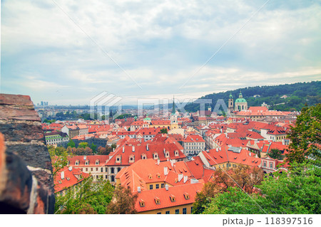 View from the observation deck to Prague. Old buildings with tiled roofs. 118397516
