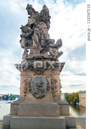 Sculpture of Saint Ludmila with Saint Wenceslaus  on Charles Bridge. Prague, Czech Republic. 118397518