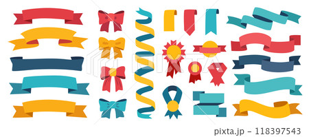 Ribbons and tags mega set in flat graphic design. Collection elements of empty flying curve flags, award bows, vintage emblems, award medals, quality signs, bookmarks and tapes. Illustration. Ribbons and tags mega set in flat graphic design. Collection elements of empty flying curve flags, award bows, vintage emblems, award medals, quality signs, bookmarks and tapes. Illustration. 118397543