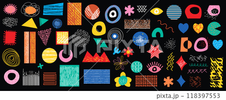 Retro geometric doodle shapes mega set in flat graphic design. Collection elements with abstract different types of spots, stars, moons, eyes, hearts, line texture, arrows, other. Illustration. Retro geometric doodle shapes mega set in flat graphic design. Collection elements with abstract different types of spots, stars, moons, eyes, hearts, line texture, arrows, other. Illustration. 118397553