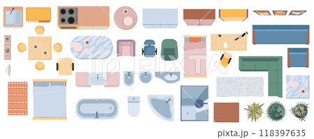 Furniture in top view mega set in flat graphic design. Collection elements of interior apartment plan with kitchen, bedroom, bathroom, living room, home office and other objects. Illustration. Furniture in top view mega set in flat graphic design. Collection elements of interior apartment plan with kitchen, bedroom, bathroom, living room, home office and other objects. Illustration. 118397635