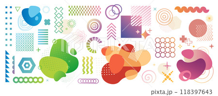 Abstract geometric symbols mega set in flat graphic design. Collection elements of Memphis geometry shapes, bright dynamic circles, blobs, dot grids, liquid wave blobs, others. Illustration. 118397643