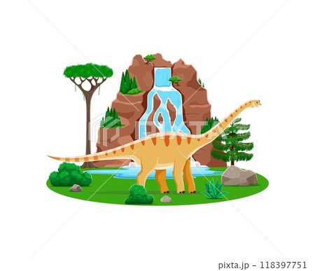 Aragosaurus prehistoric dinosaur character roaming at serene nature scene. Cartoon vector herbivore dino sauropod standing at Early Cretaceous era landscape with tall tree, green plants and waterfall 118397751