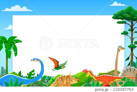 Prehistoric Jurassic park dinosaurs on white banner with dino lizards, vector background. Banner with frame of funny prehistoric dinosaurs in jungle forest, datousaurus, diplodocus and tapejara bird Prehistoric Jurassic park dinosaurs on white banner with dino lizards, vector background. Banner with frame of funny prehistoric dinosaurs in jungle forest, datousaurus, diplodocus and tapejara bird 118397763