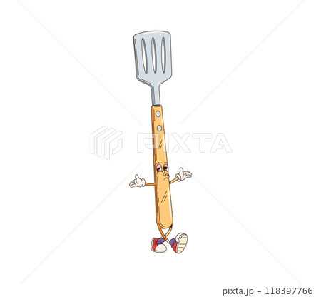 Spatula bbq barbeque cartoon groovy character. Isolated vector kitchen tool personage with a wooden handle, cute happy face with expressive eyes, wearing gloves and sneakers ready for outdoor cooking Spatula bbq barbeque cartoon groovy character. Isolated vector kitchen tool personage with a wooden handle, cute happy face with expressive eyes, wearing gloves and sneakers ready for outdoor cooking 118397766