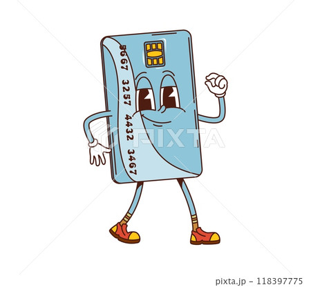 Retro groovy bank credit card finance character. Isolated cartoon vector hippie style anthropomorphic plastic card personage with wide eyes, cheerful friendly smile chip and number, showing ok gesture Retro groovy bank credit card finance character. Isolated cartoon vector hippie style anthropomorphic plastic card personage with wide eyes, cheerful friendly smile chip and number, showing ok gesture 118397775