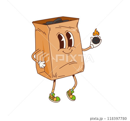 Charcoal bag retro groovy barbeque character. Isolated cartoon vector playful package personage with lively eyes, big smile and sneakers holding pieces of burning coal, ready for barbecue and grilling Charcoal bag retro groovy barbeque character. Isolated cartoon vector playful package personage with lively eyes, big smile and sneakers holding pieces of burning coal, ready for barbecue and grilling 118397780