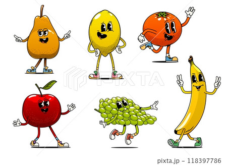 Cartoon groovy fruit characters in 70s or 80s retro funky art, vector comic personages. Cartoon groovy banana, apple and lemon with pear and grape or tangerine with happy face for positive vibe emoji 118397786