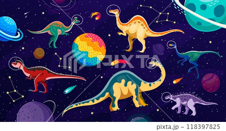 Dinosaur astronauts in outer space, surrounded by stars, planets, constellations and comets. Cartoon vector dino characters in helmets, playful imaginative prehistoric creatures exploring the universe 118397825