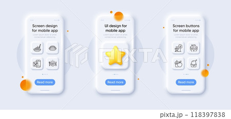 Pasta dish, Romantic dinner and Juice line icons pack. 3d phone mockups with star. Glass smartphone screen. Ice cream, Grill, Food app web icon. Coffee, Dishes pictogram. For web app, printing. Vector Pasta dish, Romantic dinner and Juice line icons pack. 3d phone mockups with star. Glass smartphone screen. Ice cream, Grill, Food app web icon. Coffee, Dishes pictogram. For web app, printing. Vector 118397838