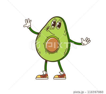 Retro cartoon groovy breakfast avocado character. Isolated vector tropical fruit half with a cheerful face, wearing sneakers, and raising its hands, representing a fun and playful breakfast theme 118397860
