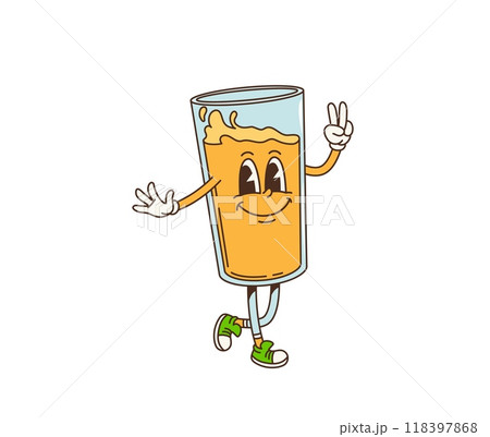 Retro cartoon groovy breakfast orange juice character, vector funny glass with face. Groovy funky orange juice drink with happy face and peace gesture for breakfast and summer holiday fun character Retro cartoon groovy breakfast orange juice character, vector funny glass with face. Groovy funky orange juice drink with happy face and peace gesture for breakfast and summer holiday fun character 118397868