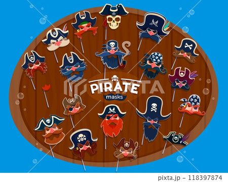 Pirate carnival and photo booth masks with vector hats, bandanas and beards. Cartoon face masks on sticks with costumes of pirate captain, sailor, corsair and skull, black eye patch and tricorn hats 118397874
