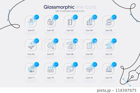 Set of Fuel price, Manual doc and Package location line icons for web app. Open box, Open door, Floor plan icons. Energy, Gas cylinder, Canister signs. Skyscraper buildings, Green energy. Vector 118397875