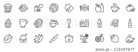 Icons pack as Water bottle, Cupcake and Romantic dinner line icons for app include Coffee delivery, Coffee cup, Ice cream outline thin icon web set. Knife, Grilled sausage, Popcorn pictogram. Vector 118397877