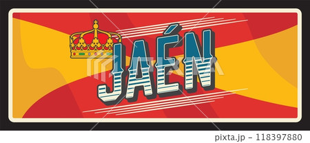Jaen Spanish province retro travel plate. Spain region tin sign with coat or arms and flag symbol, monarch gold crown. Province of Jaen, in autonomous community of Andalusia, Spain 118397880
