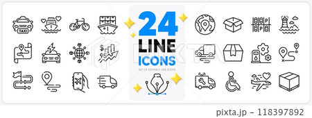 Icons set of Bicycle, Delivery route and Pin line icons pack for app with Flight mode, Travel path, Filling station thin outline icon. Opened box, Shipment, Taxi pictogram. Vector 118397892