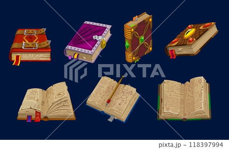 Ancient magic spell book, medieval game book icons, fantasy manuscript and old parchment with vintage ink pen, vector UI or GUI assets. Cartoon open and closed spellbooks with ribbons, gems and locks Ancient magic spell book, medieval game book icons, fantasy manuscript and old parchment with vintage ink pen, vector UI or GUI assets. Cartoon open and closed spellbooks with ribbons, gems and locks 118397994