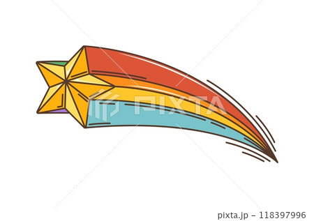 Cartoon retro groovy hippie star symbol. Isolated vector falling comet with rainbow trail at night sky. Vibrant, funky, shooting twinkle, or golden star and colorful red, orange, and blue streaks Cartoon retro groovy hippie star symbol. Isolated vector falling comet with rainbow trail at night sky. Vibrant, funky, shooting twinkle, or golden star and colorful red, orange, and blue streaks 118397996
