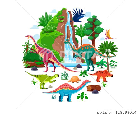 Prehistoric dinosaurs banner with funny dino characters and Jurassic lizards, vector background. Kids cartoon dinosaurs, prehistoric birds and reptiles arrhinoceraptors, argentavis and pteranodon Prehistoric dinosaurs banner with funny dino characters and Jurassic lizards, vector background. Kids cartoon dinosaurs, prehistoric birds and reptiles arrhinoceraptors, argentavis and pteranodon 118398014