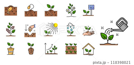 Plant sprout line icons, soil with seed, sprig and green leaves, agriculture, horticulture and agronomy. Plant and tree growing vector outline signs of garden soil, sprouts, seedlings and saplings 118398021