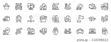 Icons pack as Car review, Airplane and Send box line icons for app include Milestone, Passenger, Rent car outline thin icon web set. Delivery timer, Delivery report, Parking security pictogram. Vector 118398022