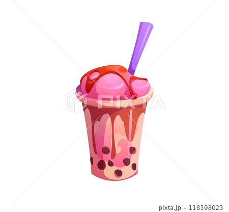 Cartoon fast food bubble tea topped with vibrant pink ice cream scoops and a straw. Isolated vector sweet refreshing treat, delectable drink or beverage features tapioca boba pearls and creamy texture 118398023