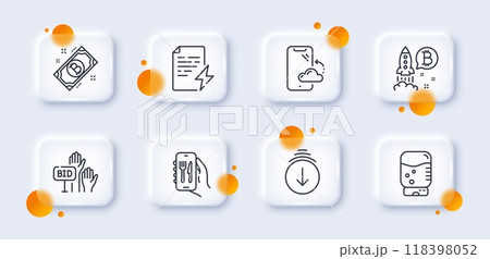 Bid offer, Scroll down and Power certificate line icons pack. 3d glass buttons with blurred circles. Smartphone cloud, Water cooler, Restaurant app web icon. Bitcoin project, Bitcoin pictogram. Vector 118398052