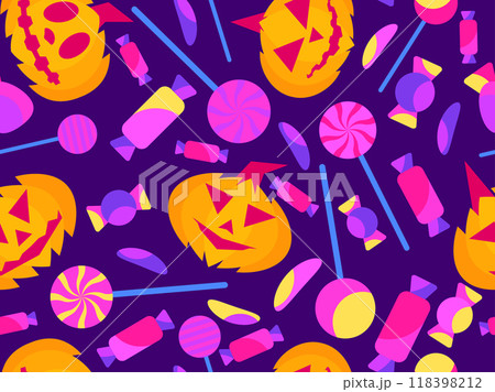 Pumpkins and candies seamless pattern. Halloween carved pumpkin with candies and lollipops. Jack-o-lantern, trick or treat. Design for wallpapers, wrappers, covers and banners. Vector illustration 118398212
