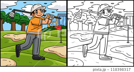 Golf Golfer Hitting a Ball Coloring Illustration 118398317