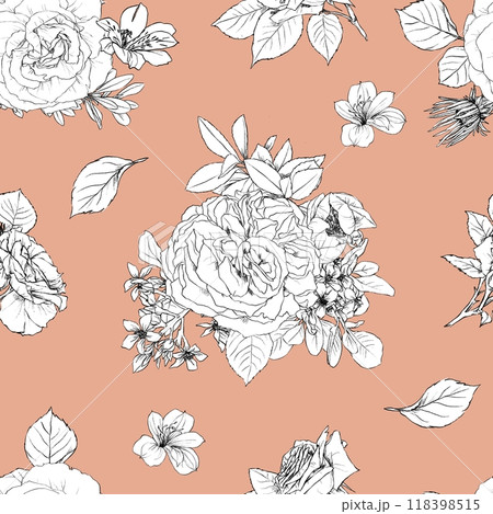 Hand drawn pencil graphic illustration seamless pattern of vintage flowers Hand drawn pencil graphic illustration seamless pattern of vintage flowers 118398515