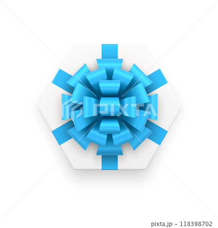 White hexagonal festive gift box with glossy blue bow ribbon top view 3d icon realistic vector 118398702