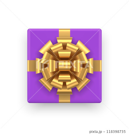 Violet squared gift box with luxury golden bow ribbon top view 3d icon realistic vector illustration 118398735