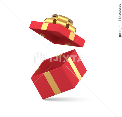 Red fashion flying open gift box luxury present pack with golden bow ribbon 3d icon realistic vector 118398835
