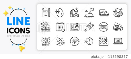 Stop stress, Cooking timer and Document signature line icons set for app include Beauty, Online statistics, Motherboard outline thin icon. Skin care, Confirmed mail, Wind energy pictogram icon. Vector Stop stress, Cooking timer and Document signature line icons set for app include Beauty, Online statistics, Motherboard outline thin icon. Skin care, Confirmed mail, Wind energy pictogram icon. Vector 118398857