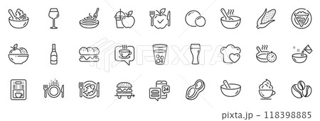 Icons pack as Peanut, Beer bottle and Beer glass line icons for app include Fruits, Cook, Food delivery outline thin icon web set. Vegetarian food, Pasta dish, Seafood pictogram. Peas. Vector 118398885