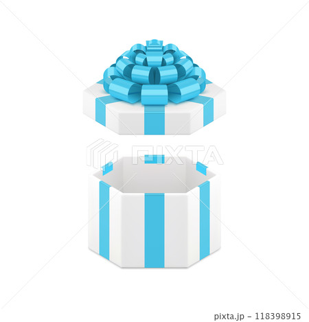 Elegant white hexagonal gift box with open cap and luxury blue bow ribbon 3d icon realistic vector Elegant white hexagonal gift box with open cap and luxury blue bow ribbon 3d icon realistic vector 118398915