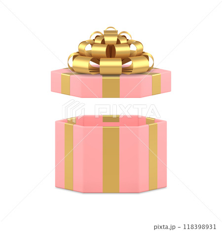 Pink luxury gift box with open lid and golden bow ribbon feminine present 3d icon realistic vector Pink luxury gift box with open lid and golden bow ribbon feminine present 3d icon realistic vector 118398931
