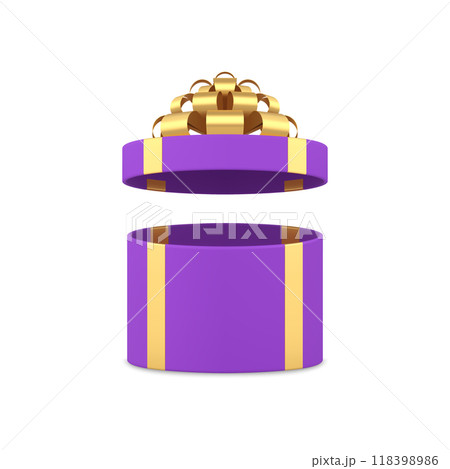 Stylish purple circle gift box with open lid and luxury bow ribbon 3d icon realistic vector Stylish purple circle gift box with open lid and luxury bow ribbon 3d icon realistic vector 118398986