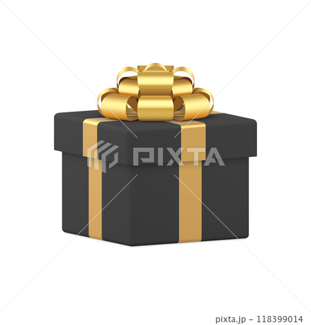 Black wrapped gift box with luxury golden bow ribbon male present 3d icon realistic vector 118399014