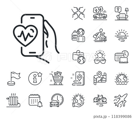 Fat burning application sign. Plane jet, travel map and baggage claim outline icons. Cardio training app line icon. Gym fit heartbeat symbol. Cardio training line sign. Vector 118399086