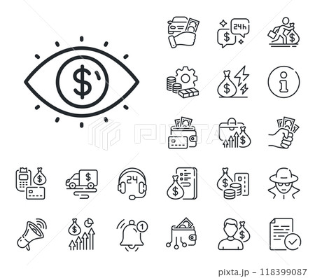 Financial eye sign. Cash money, loan and mortgage outline icons. Business vision accounting line icon. Money investment symbol. Business vision line sign. Credit card, crypto wallet icon. Vector 118399087