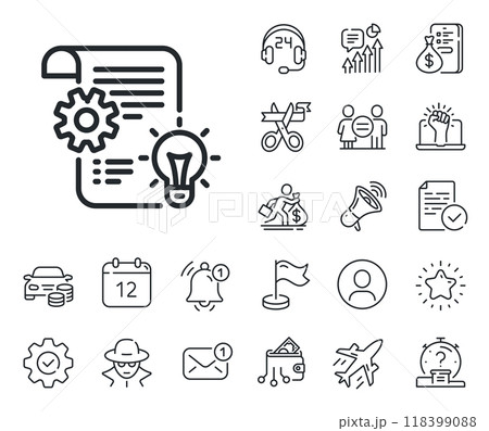 Engineering tool sign. Salaryman, gender equality and alert bell outline icons. Cogwheel line icon. Idea bulb symbol. Cogwheel line sign. Spy or profile placeholder icon. Vector Engineering tool sign. Salaryman, gender equality and alert bell outline icons. Cogwheel line icon. Idea bulb symbol. Cogwheel line sign. Spy or profile placeholder icon. Vector 118399088