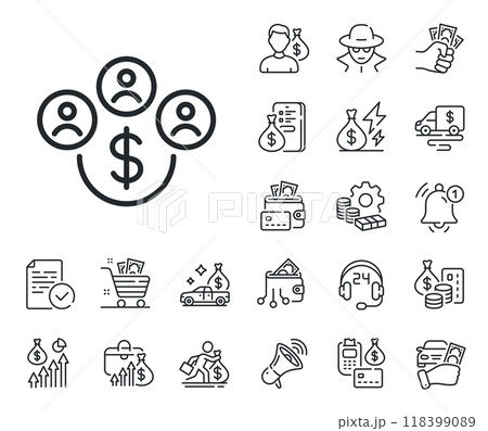 Dollar money sign. Cash money, loan and mortgage outline icons. Buying currency line icon. Economy trade symbol. Buying currency line sign. Credit card, crypto wallet icon. Vector 118399089