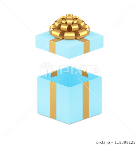 Squared blue gift box with open cap and golden bow ribbon holiday celebrate 3d icon realistic vector Squared blue gift box with open cap and golden bow ribbon holiday celebrate 3d icon realistic vector 118399128