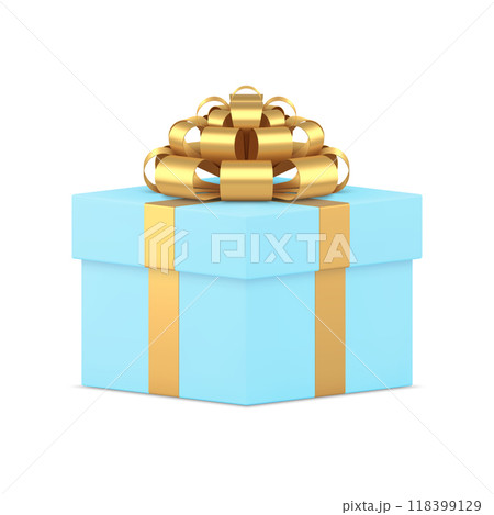Blue squared gift box with luxury golden bow ribbon holiday present 3d icon realistic vector 118399129