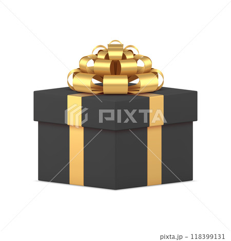 Black luxury squared gift box with golden bow ribbon expensive pack 3d icon realistic vector Black luxury squared gift box with golden bow ribbon expensive pack 3d icon realistic vector 118399131