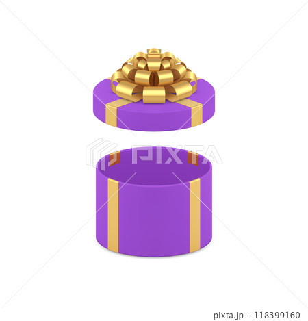 Festive circle violet gift box with open cap and golden bow ribbon 3d icon realistic vector 118399160